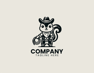 Stylized squirrel character wearing cowboy hat and holding rope is isolated professional. Western branding concept