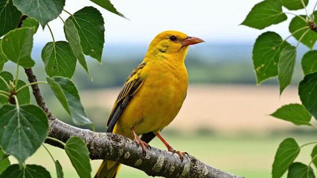 A vibrant yellow bird rests peacefully on a leafy branch, conveying a sense of tranquility and freedom. Ideal for nature-themed content, conservation 