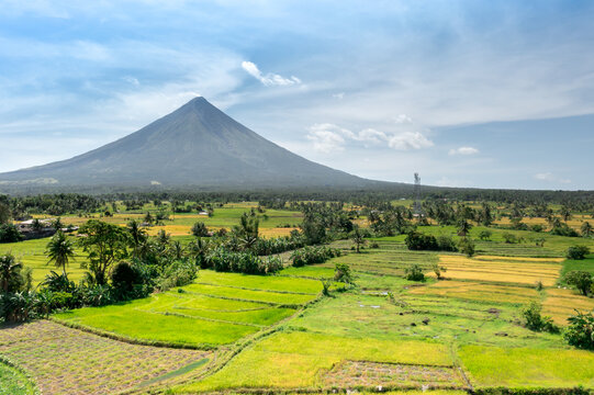 Aerial view of Mayon Volcano and surrounding fields, Albay, Philippines