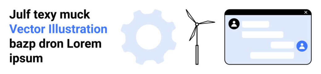Obraz premium Renewable energy, technology systems, wind energy, communication platforms, innovation, efficiency. Visual components include a wind turbine, gear icon and chat interface. Renewable energy