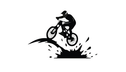 Obraz premium A black silhouette of a mountain biker jumping off a dirt mound on a white background.