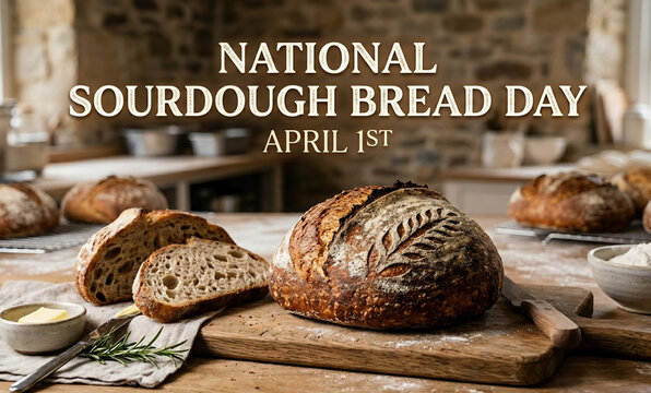 National Sourdough Bread Day celebratory loaf on a rustic wooden board in a farm kitchen