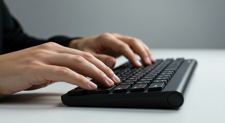 A person typing on a black keyboard with their hands on a white desk