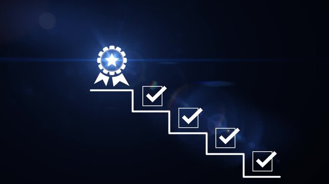 Achievement Pathway, digital checklist with glowing badge, symbolizing goal completion and success in a business setting, coach the way of setting goals, success. Motion graphics of reward concept