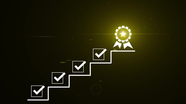 Achievement Pathway, digital checklist with glowing badge, symbolizing goal completion and success in a business setting, coach the way of setting goals, success. Motion graphics of reward concept