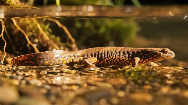 A captivating close-up of a great crested newt swimming in a clear stream, evoking a sense of tranquility. Ideal for nature documentaries, educational