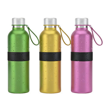A trio of vibrant metallic water bottles in green, gold, and pink, each adorned with refreshing condensation, perfectly designed for an active lifestyle, promoting essential hydration and sustainable 