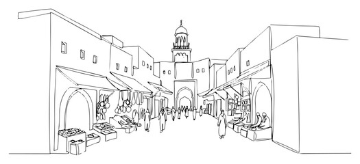 Middle Eastern Street Market One Line Art, Minimalist Continuous Line Drawing of Arab Souk with Mosque, Cultural Travel Illustration