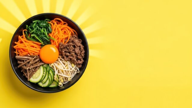Delicious bibimbap bowl , korean rice dish with vegetables and egg on yellow background