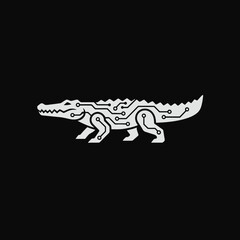 Fototapeta premium White Circuit Board Crocodile Illustration on Black.