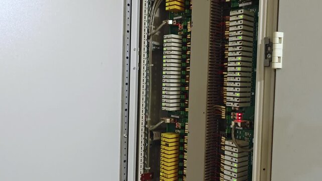 Closeup electrical control panel interior showing organized wiring, rows of terminal blocks, yellow busbar modules, circuit board components, illuminated indicators, metallic cabinet door ajar,