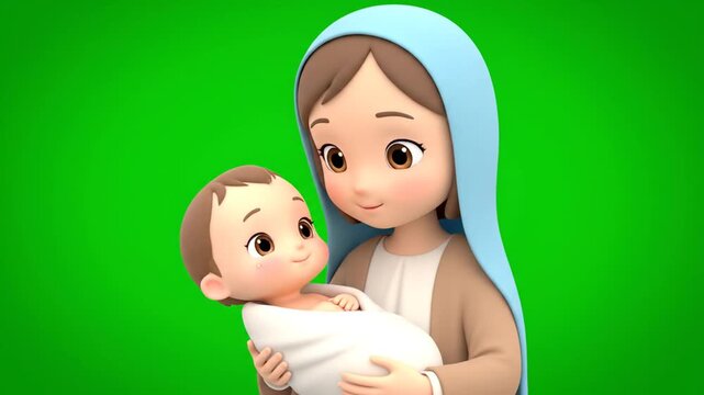 3D Kawaii Cartoon of Virgin Mary Holding Baby Jesus with Green Screen Background for Religious Animation and