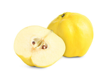 Fresh quinces isolated on white. Whole and sliced