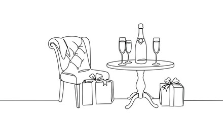 Fototapeta premium Line drawing of a decorated table with champagne, flutes, and gifts next to a stylish chair on a transparent background