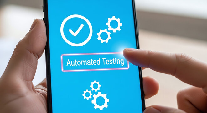 A person interacting with a mobile device for automated testing in a modern workspace.