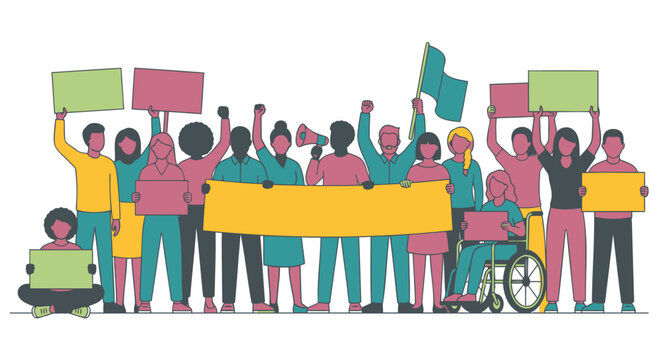 Diverse group of people protesting for human rights, holding various placards and a large banner, advocating for social justice and equality in a powerful demonstration.