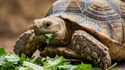 Closeup of a tortoise eating fresh green leaves, detailed shell and textured skin, wildlife, reptile, natural diet, animal care, conservation.