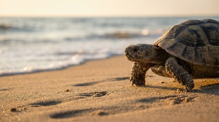 Tortoise walking on sandy beach near the sea at sunset, wildlife, nature exploration, summer adventure, animal journey, coastal scene.