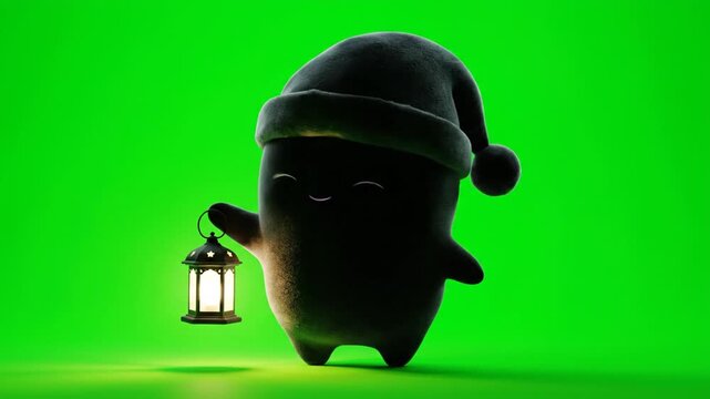 3D Kawaii Character Holding Lantern with Nightcap on Green Screen. Cute Cartoon Figure for Animation and Visual Effects
