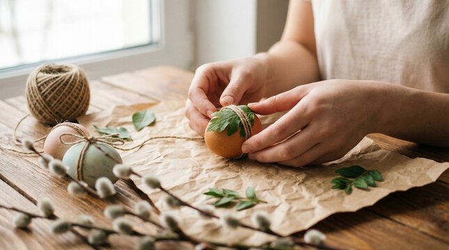 Woman decorating Easter eggs with natural leaves and twine at a wooden table, spring crafts, holiday preparation, DIY tradition, creative family activity, Easter.