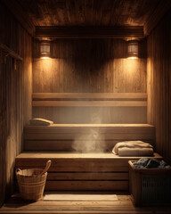 Cozy Traditional Wooden Sauna Interior with Steam