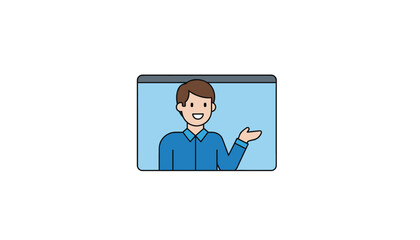 Smiling man presenting on digital screen with friendly gesture
