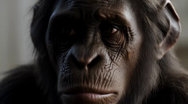 Close up portrait of a chimpanzee with expressive dark eyes and intense stare