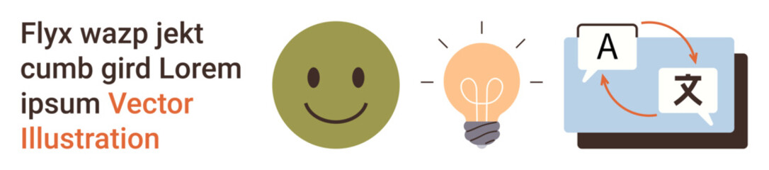 Education, language learning, creativity, communication, innovation, translation. happy face, lightbulb and speech translation icons on a white background. Education and language learning concept