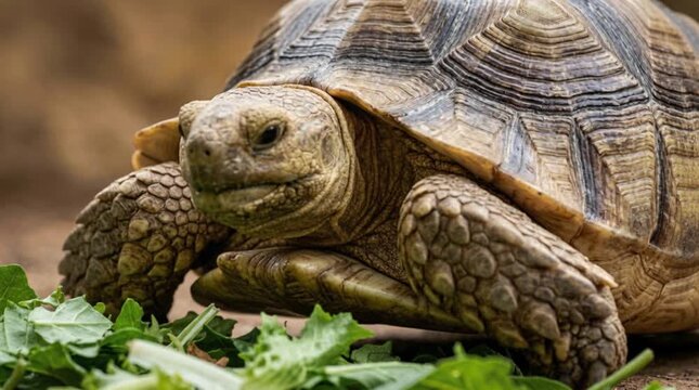 Closeup of a tortoise eating fresh green leaves, detailed shell and textured skin, wildlife, reptile, natural diet, animal care, conservation.