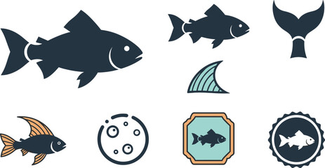 Fish and Marine Life Vector Illustration Set with Salmon Silhouettes Fish Tail Fin Water Bubbles and Decorative Aquatic Badge Icons for Fishing Design © MstBobita