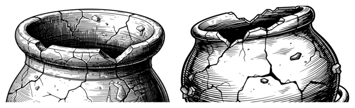 Broken ancient ceramic pots and cracked clay jars in vintage woodblock style