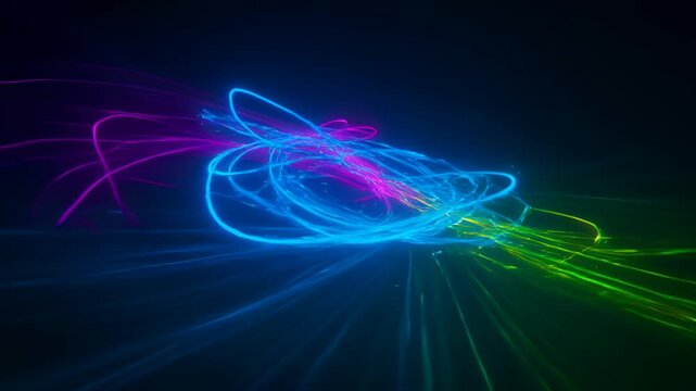 Dynamic camera movement of abstract glowing energy lines converging and bursting