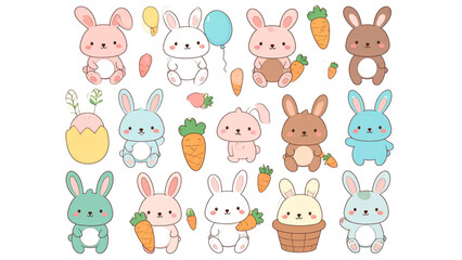Obraz premium Large Cartoon Rabbit and Bunny Vector Collection, Cute Easter Characters in Various Poses and Coat Colors