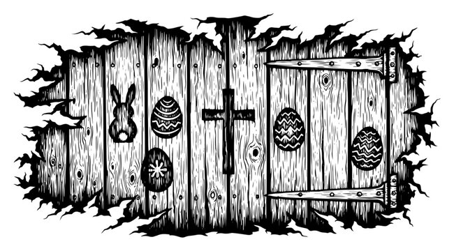 Rustic wooden door with easter eggs and bunny inside a torn frame