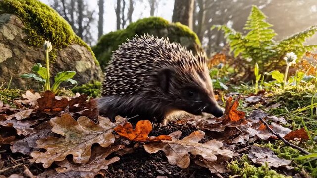 A charming hedgehog explores a woodland floor, creating a peaceful, natural scene perfect for illustrating themes of wildlife, nature, and seasonal ch