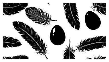 Seamless pattern with silhouettes of bird feathers and eggs © Aisha Kudorova