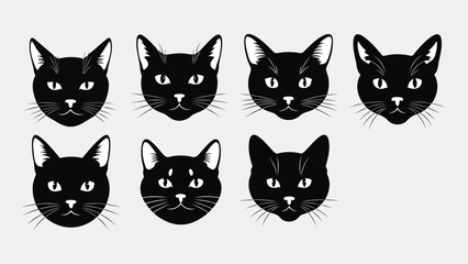 Five stylized black cats aligned in a row with symmetrical faces and sharp features