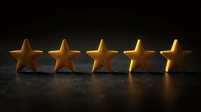 Five elegant golden stars perfectly aligned on a dark reflective surface, symbolizing outstanding achievement, premium quality, excellent rating, and ultimate customer satisfaction for a review.