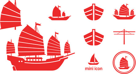 Chinese Junk Ship Vector Illustration Set with Traditional Red Sailing Vessel Silhouettes Junk Boat Bow Icons and Mast Detail Symbols for Nautical Design © MstBobita