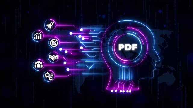 P D F document concept with human head and representing data exchange and business strategy on a digital background