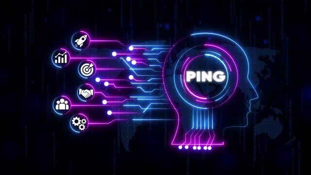Neon lit human head with P I N G concept and various business connected by glowing lines on a dark background with code and map