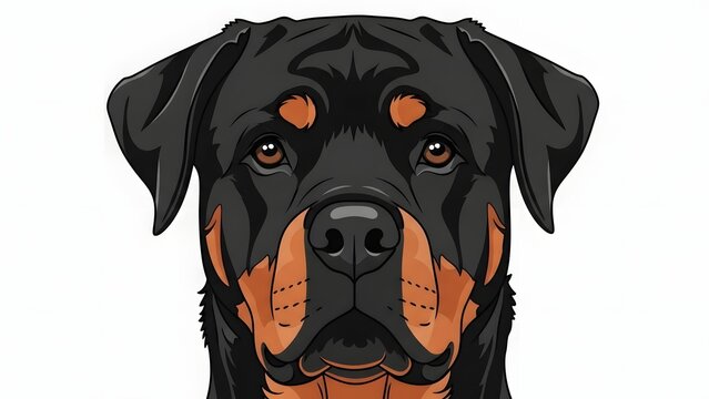 A close-up digital illustration of a Rottweiler's face, showcasing its distinctive black and tan markings, viewed directly from the front.