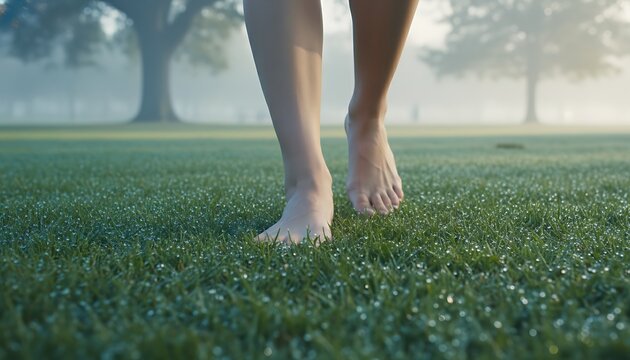 Close-up of bare feet walking gently on fresh, dewy green grass in a serene misty morning park, embodying a sense of natural connection and mindful well-being