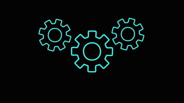 Gear interlocking cogs mechanism teamwork concept neon blue outline on black background business technology teamwork collaboration symbol.