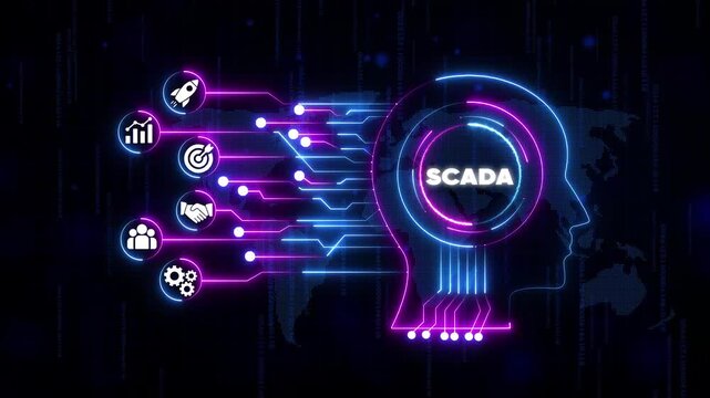 S C A D A system concept with neon head and representing industrial automation technology SCADA