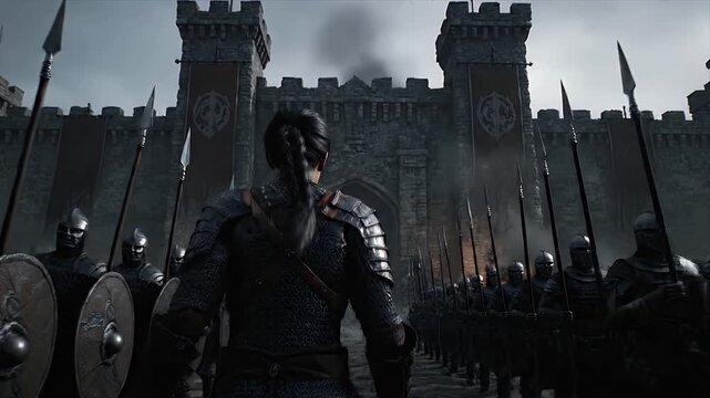 Heroic Warrior Woman in Armor Walking Toward Castle Gates with Disciplined Soldiers
