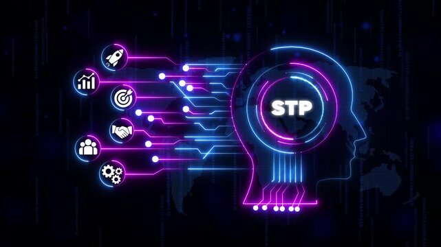 S T P Segmentation Targeting Positioning Strategy Business Marketing Concept with Neon Head Silhouette and