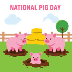 Happy national pig day with cute pigs playing in mud. Three little piglets wallow happily in dirty puddles on green farm field, surrounded by hay bales and a wooden fence. © SADIKUR