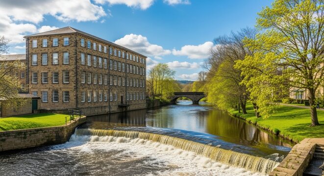 Scenic view of Salts Mill and River Aire in Saltaire, UK.