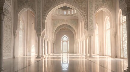 Obraz premium Elegant Islamic architecture interior with ornate arches, columns and geometric patterns. Sunlight streaming through windows creates dramatic lighting on polished floors.